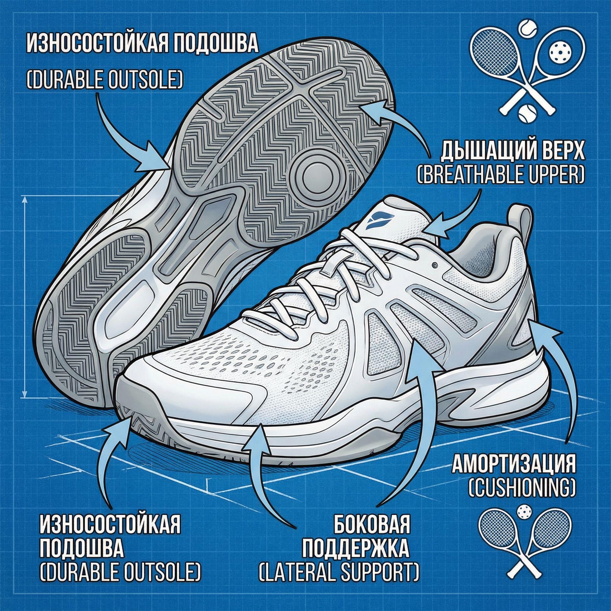 Схема ключевых характеристик обуви для пиклбола: боковая поддержка, подошва, амортизация